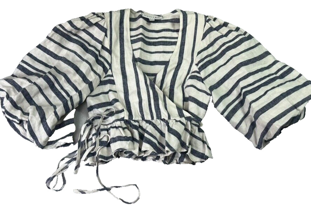 Shona Joy Blouse Top Women 4 Wrap Balloon Sleeve Striped Front Tie Crop